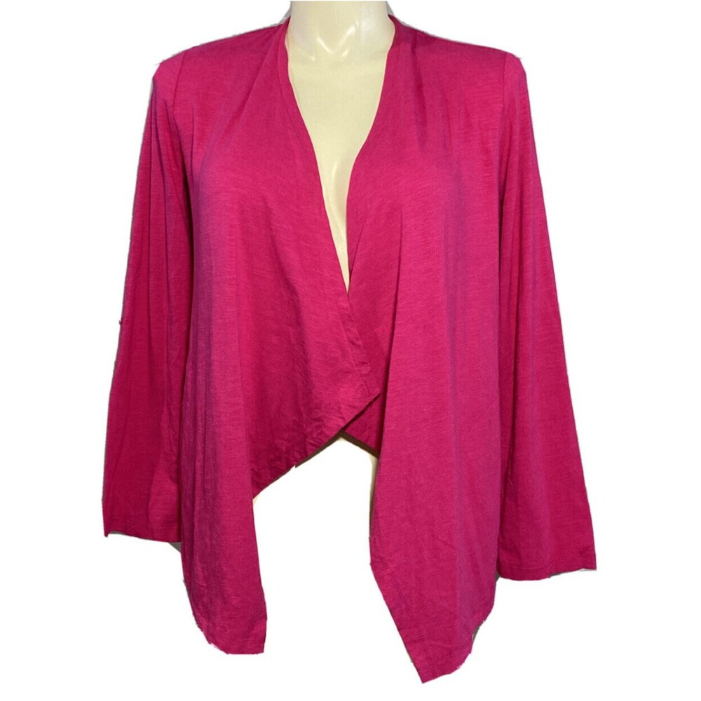 Talbots Cardigan MED Pink Open Waterfall Drape Long Roll Sl Pocket Stretch